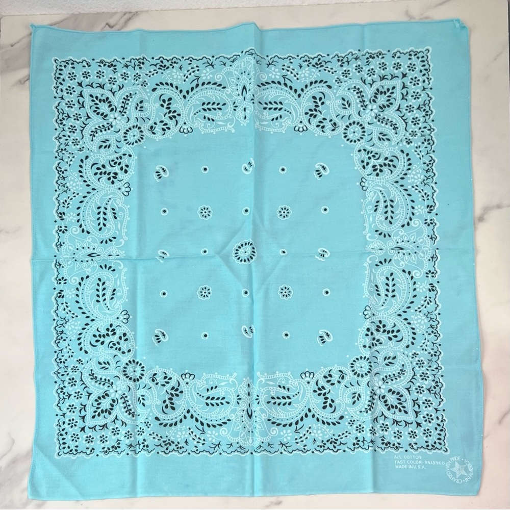Vintage Fast Color Bandana Handkerchief Light Blue Paisley Cotton Made in USA